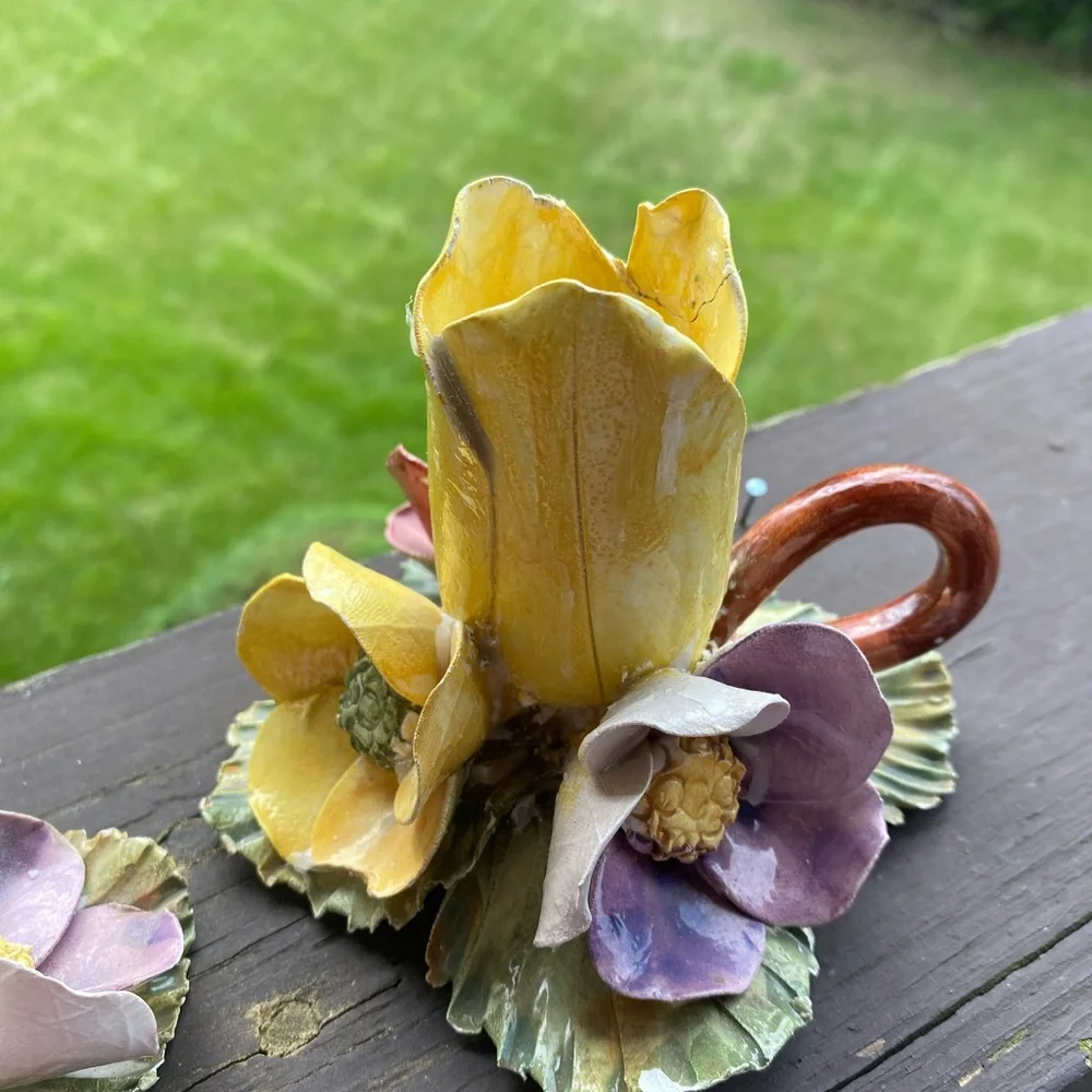 Pair of Vintage Ceramic Flower Candle Holders - Yellow and Pink - Picture 2 of 5